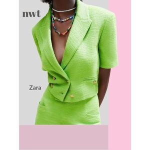 NWT ZARA CROPPED BLAZER Lime Green Textured S